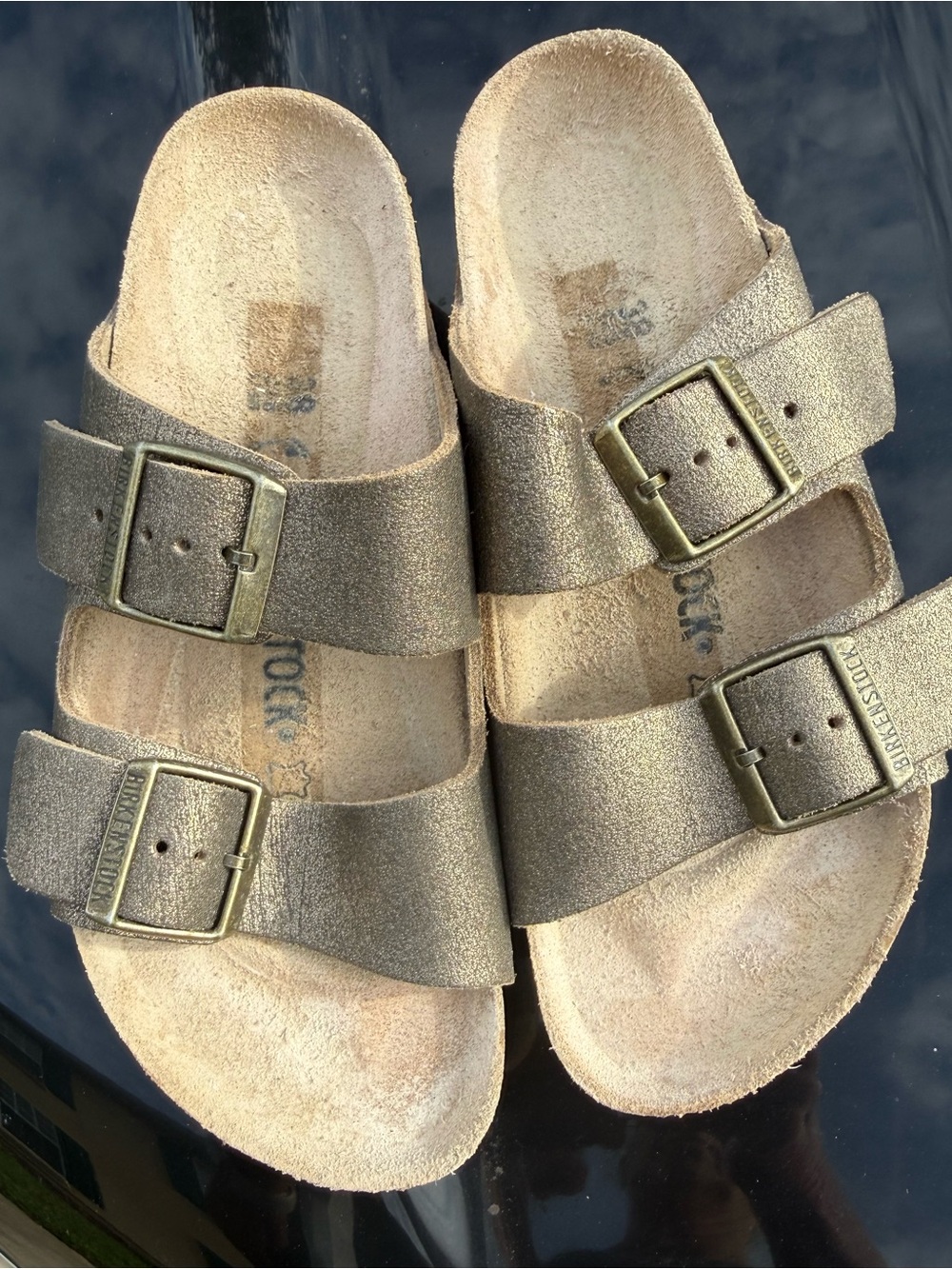 Birkenstock Arizona Sandals Metallic Gold FinishTwo Adjustable Straps Buckles 38